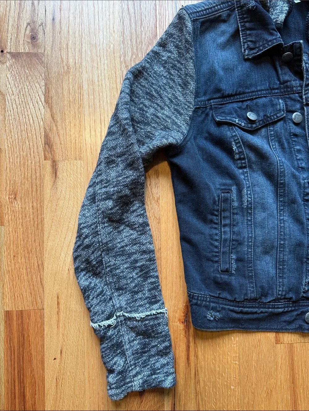 Free People Hooded Denim Jacket with Knit Sleeves - Gray/Black - Picture 2 of 10